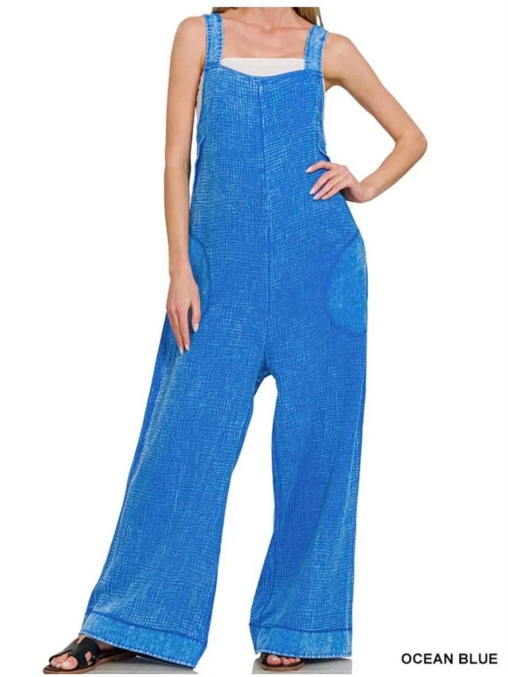 Zenana Ocean Blue Wide-Leg Overalls